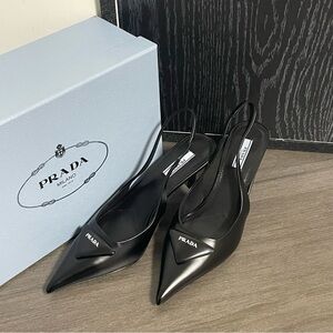 Prada Black Pointed Slingback Pumps with Logo Accent